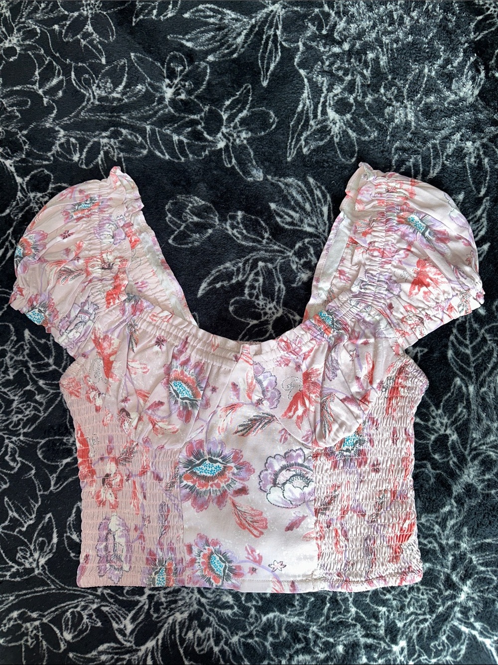 Japna Floral Puff Sleeve Smocked Crop Top - Pink Multi